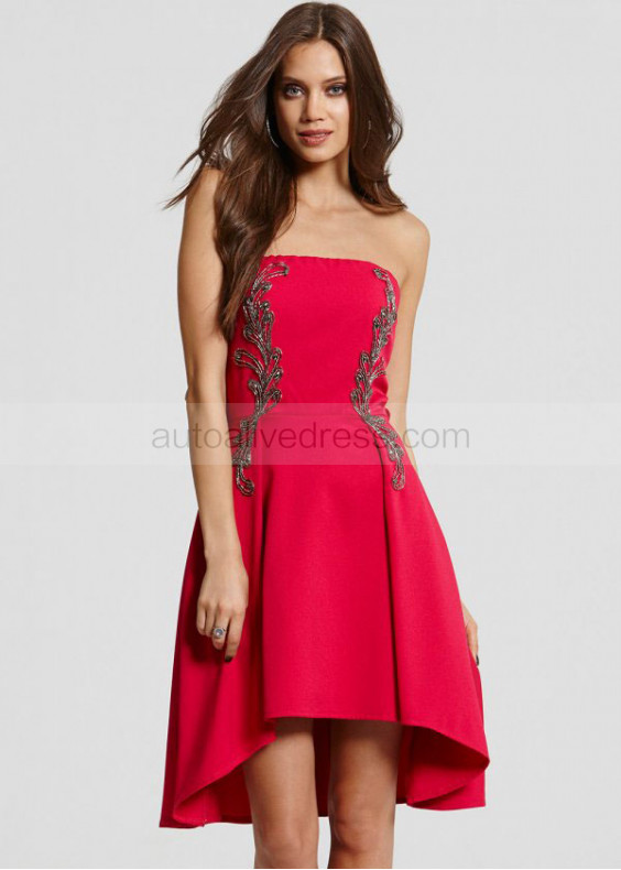 Red Satin Beads Strapless Hi-Low Prom Dress 